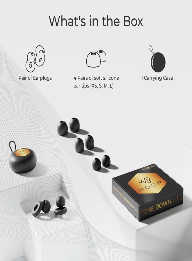 Hoop Ear Plugs for Quiet Noise Reduction - Reusable Earplug Hearing Protection - Soft Silicone for Sleep, Travel, Noise Sensitivity, Meditation - 8 Ear Tips in XS/S/M/L - Noise Canceling - Black - Image 3